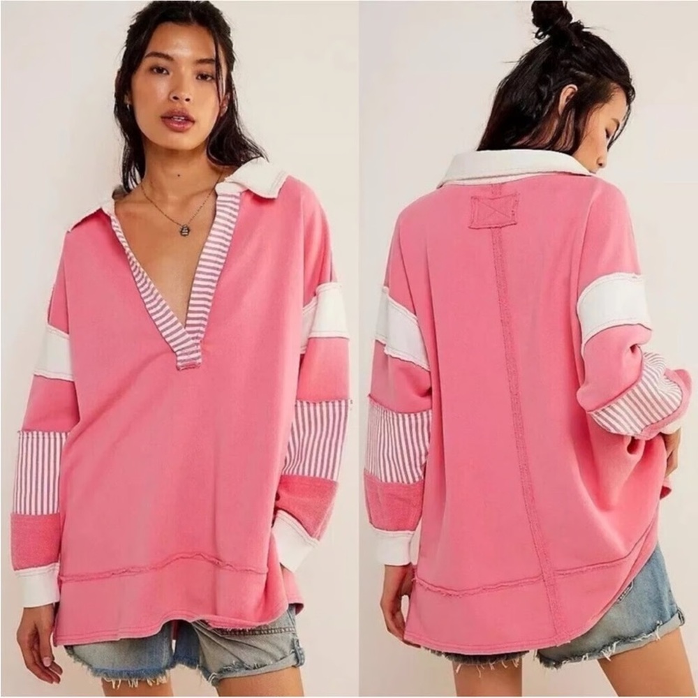 Free People We The Free Clean Prep Pink Long Sleeve Oversized Polo size Small